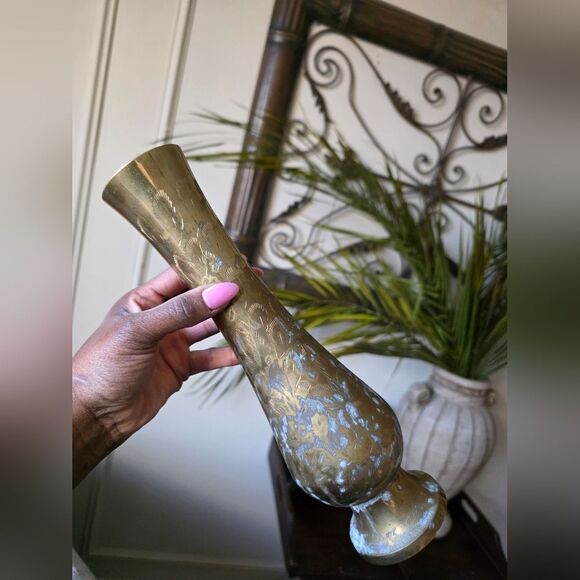 Vintage Brass Stem Bud Vase Tall Etched 11 1/4'H - Picture 5 of 9